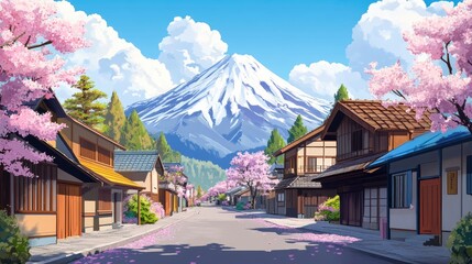 Fototapeta premium A colorful cartoon scene featuring a Japanese village with Mount Fuji in the background. Blooming cherry blossoms and peaceful streets complete the landscape.