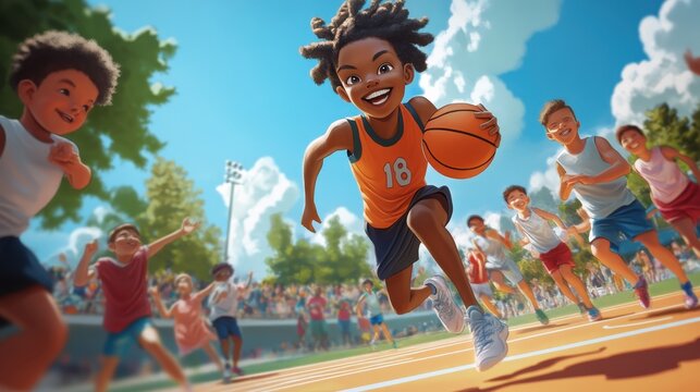 Kids engage in races and basketball while spectators cheer during a lively sports day event