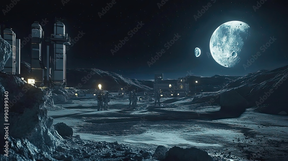 Canvas Prints astronauts exploring a futuristic lunar base under a bright moon