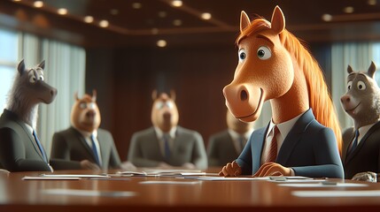 Horse leading a corporate boardroom discussion with animal executives, professional and dynamic, cartoon style