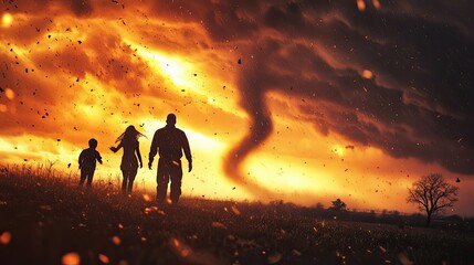 Fototapeta premium Silhouettes of a Family Walking Through a Field with a Tornado in the Background