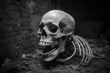  Black-and-white photograph of an open skull with teeth, sitting on the ground in front of a dark brick wall. A skeleton is lying next to it. Created with Ai