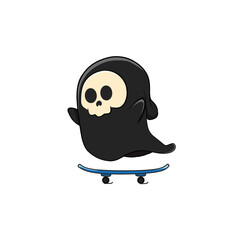 Cute cartoon ghost skull is riding a skateboard