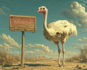 A photograph of an ostrich standing next to a sign that says "Bored". Created with AI