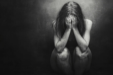 A woman kneeling on the floor with her face in her hands. Created with Ai