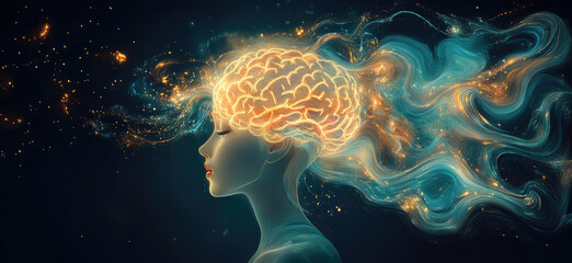 An abstract representation of the brain as an ocean wave, with glowing light particles forming waves and sea foam that flow around it. Created with Ai