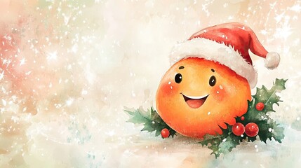 A happy peach dressed in Christmas clothes, smiling in a cheerful watercolor illustration full of festive energy.