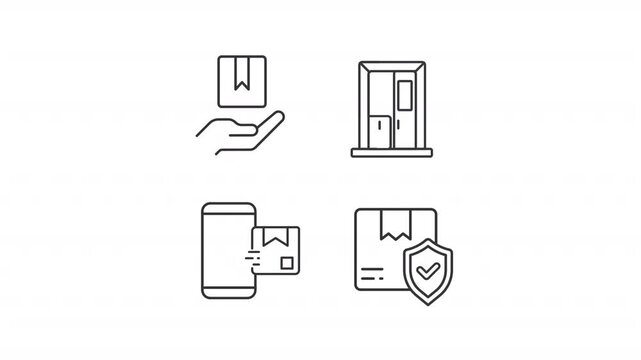 D2D delivery safety animation set. Online distribution animated line icons. Package insurance, logistics. Black illustrations on white background. HD video with alpha channel. Motion graphic
