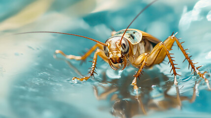 Fototapeta premium Insect Caught in Sticky Trap on Blue Background