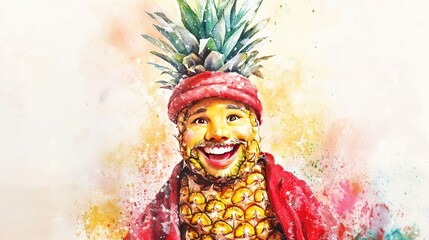 Fototapeta premium A happy pineapple dressed in Christmas clothes, smiling brightly in a festive watercolor illustration.