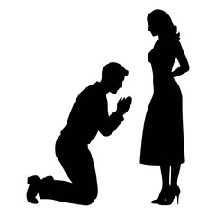 a black silhouette of a man kneeling on the ground with his hands clasped together in prayer. He appears to be kneeling in front of a woman