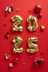 Celebrate the arrival of 2025 with golden vertical balloons and Christmas ornaments against a vibrant red backdrop, capturing the festive spirit