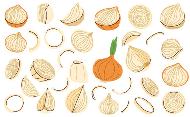 Set of yellow onion slices, rings, and whole bulbs in a detailed vector, ideal for cooking packaging