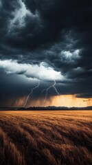 Dark clouds roll in over the open field with intense lightning striking the earth below
