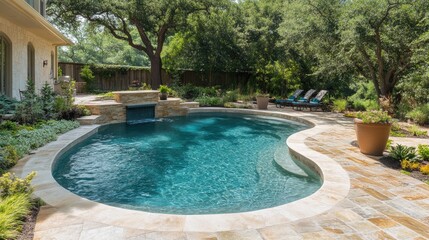 A luxurious curved pool with turquoise water, surrounded by a stone patio and vibrant landscaping. The sun-soaked backyard offers a perfect summer escape.