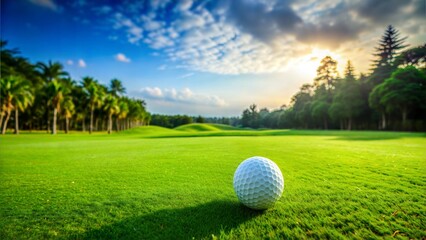 Fototapeta premium Golf ball on green fairway under blue sky, peaceful landscape with palm trees