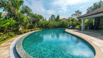 A luxurious curved swimming pool with clear turquoise water, set in a beautifully landscaped backyard with vibrant greenery and a stone patio under a sunny sky.