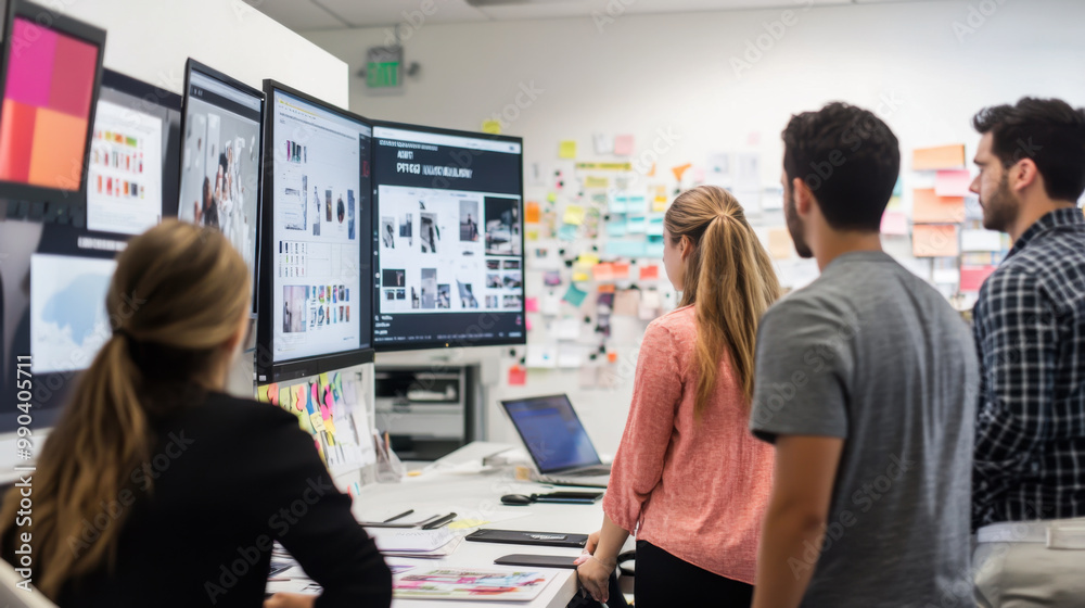 Poster team analyzing data in a modern office setting with multiple monitors displaying charts and images d