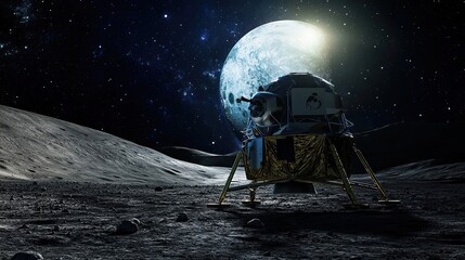 Obraz premium Lunar Module Landing on the Moon with a Large Crater in the Background