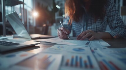 A businesswoman working on financial documents, analyzing data charts, and graphs in a modern office environment during sunset.