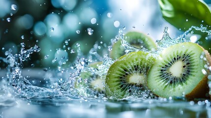 A few kiwi fruits, green leaves, and water splashing together, with the background blurred