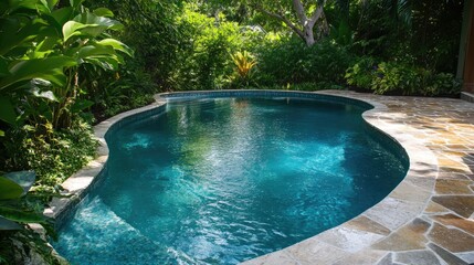 A luxurious turquoise pool in a curved design, surrounded by a stone deck and lush green foliage. The sparkling water reflects the brightness of a summer day.