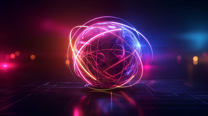 3D render of a colorful glowing sphere with lines and glow on a dark background, with glowing light effects, light beams, and a neon light effect depicting a glowing energy ball