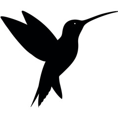 a hummingbird in flight. The hummingbird is in mid-flight, with its wings spread wide and its body slightly tilted upwards silhouette