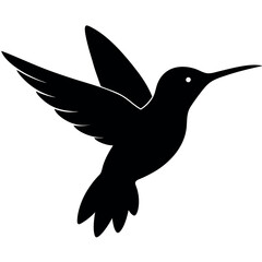 a hummingbird in flight. The hummingbird is in mid-flight, with its wings spread wide and its body slightly tilted upwards silhouette