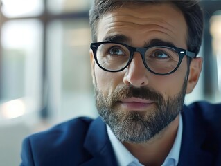 Close-up of a thoughtful, bearded man wearing glasses and a suit, looking up in a modern office setting with blurred background.