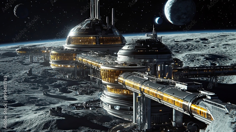 Canvas Prints futuristic space station orbiting a cratered moon