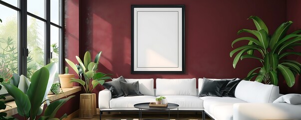 Cozy living room, rich crimson walls, black poster frame, sleek white furniture, oak accents, green plant decor,