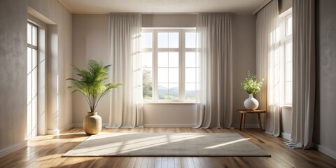 Fototapeta premium Bright Sunlight Through Sheer Curtains in a Minimalist Room, Interior Design, Home Decor, Minimalism