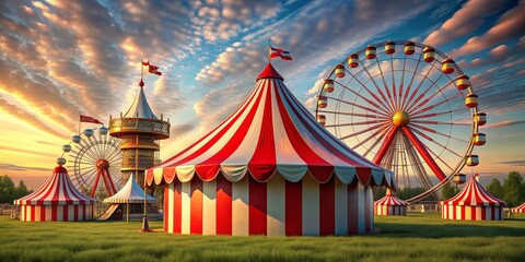 Carnival Sunset Big Top, Ferris Wheel, and Golden Hour Clouds, carnival, circus, amusement park