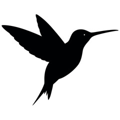 a hummingbird in flight. The hummingbird is in mid-flight, with its wings spread wide and its body slightly tilted upwards silhouette