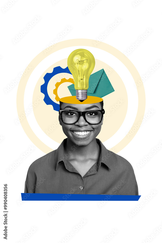 Poster vertical collage image 3d artwork of smiling successful woman solving task creativity inspiration co