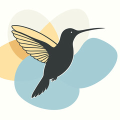a hummingbird in flight. The hummingbird is in mid-flight, with its wings spread wide and its body slightly tilted upwards silhouette