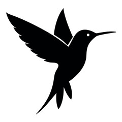 a hummingbird in flight. The hummingbird is in mid-flight, with its wings spread wide and its body slightly tilted upwards silhouette