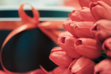 gift surprise bouquet red tulips