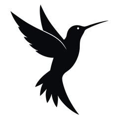 a hummingbird in flight. The hummingbird is in mid-flight, with its wings spread wide and its body slightly tilted upwards silhouette