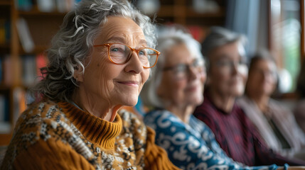 Obraz premium Senior group in retirement home with young instructor learning together in computer class