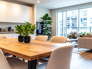 Modern dining area with a wooden table, stylish chairs, and greenery in a bright open-plan apartment living space
