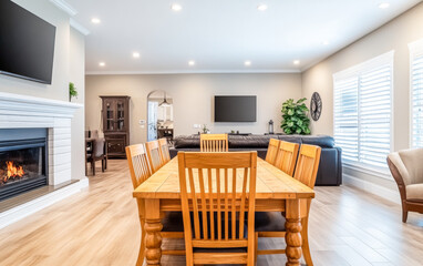 Bright dining area featuring a wooden table surrounded by chairs, leading to a cozy living room and fireplace in a modern home