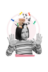 Creative poster collage of stressed young female little schoolgirl reject too much homework lazy...