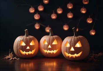 Fototapeta premium Carved jack-o'-lanterns with glowing faces on a dark background, creating a spooky Halloween atmosphere