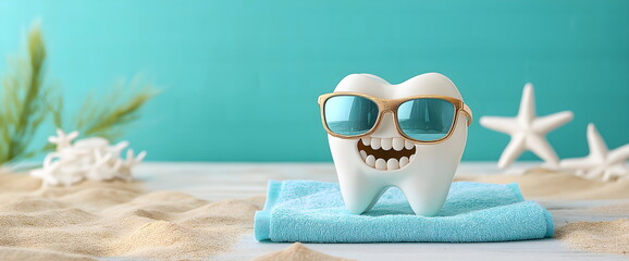 Cheerful tooth character wearing sunglasses on beach towel with starfish for summer dental care and oral hygiene concept during vacation
