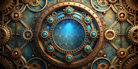 Obraz premium Steampunk Gearwork A Detailed Look at a Complex Mechanism, Blue and Gold Tones, Cogs, Wheels, Gears, Clockwork, Industrial