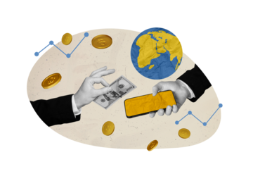 Creative poster collage of businessman hands holding dollar banknote device ecommerce online business planet earth earn money sell