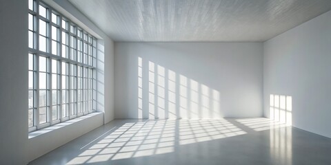 Fototapeta premium Sunlight Streaming Through Large Window in Modern Room, Light and Shadow, Minimalist Design, Interior Design, Architecture
