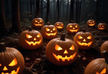Obraz premium Carved jack-o'-lanterns with glowing faces on a dark background, creating a spooky Halloween atmosphere